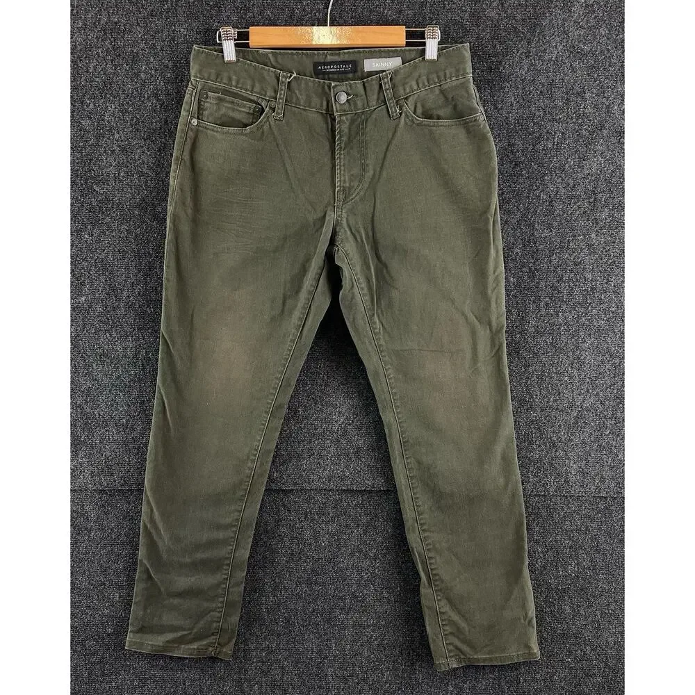 Aeropostale Men's Skinny Jeans Green Twill Cotton Tapered Legs Pants Size 30x30